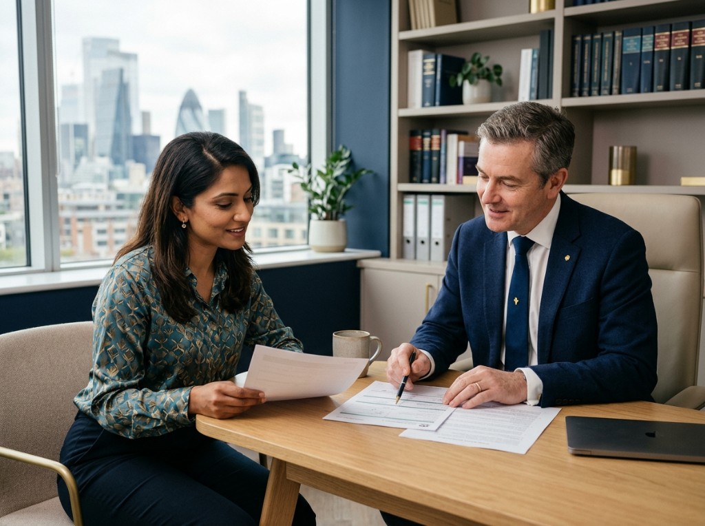 Ahmad & Williams Solicitors consultation — advisors reviewing documents together in a modern office
